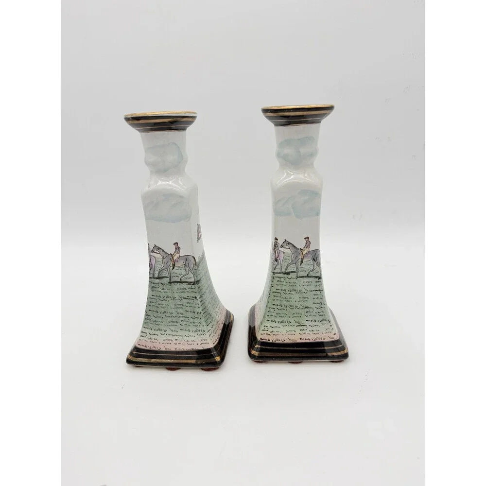 Vintage Chinese Equestrian Hand-Painted Porcelain Candle Holder by Nieman Marcus